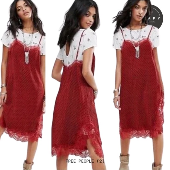 Free People Margot Slip Dress Red With Black Polka Dots (2) - Picture 1 of 6